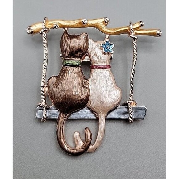 Cat on Swing Brooch Love Kitty's Animal Pin - Picture 1 of 10